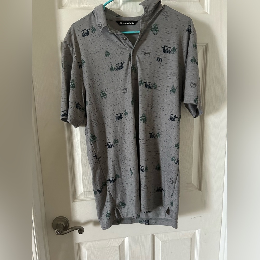 Travis Mathew Gray Polo with Subtle Green & Navy Motif